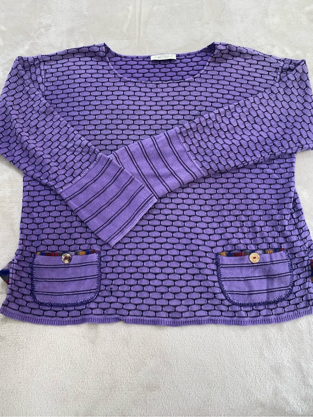Margaret Winters Purple Textured Knit Sweater Pocket Pullover